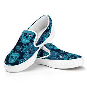 Teal Sugar Skull Flower Pattern Print White Slip On Sneakers