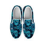 Teal Sugar Skull Flower Pattern Print White Slip On Sneakers