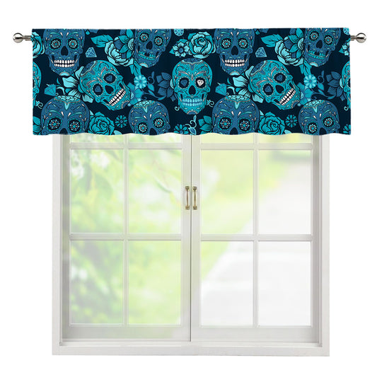 Teal Sugar Skull Flower Pattern Print Window Valance