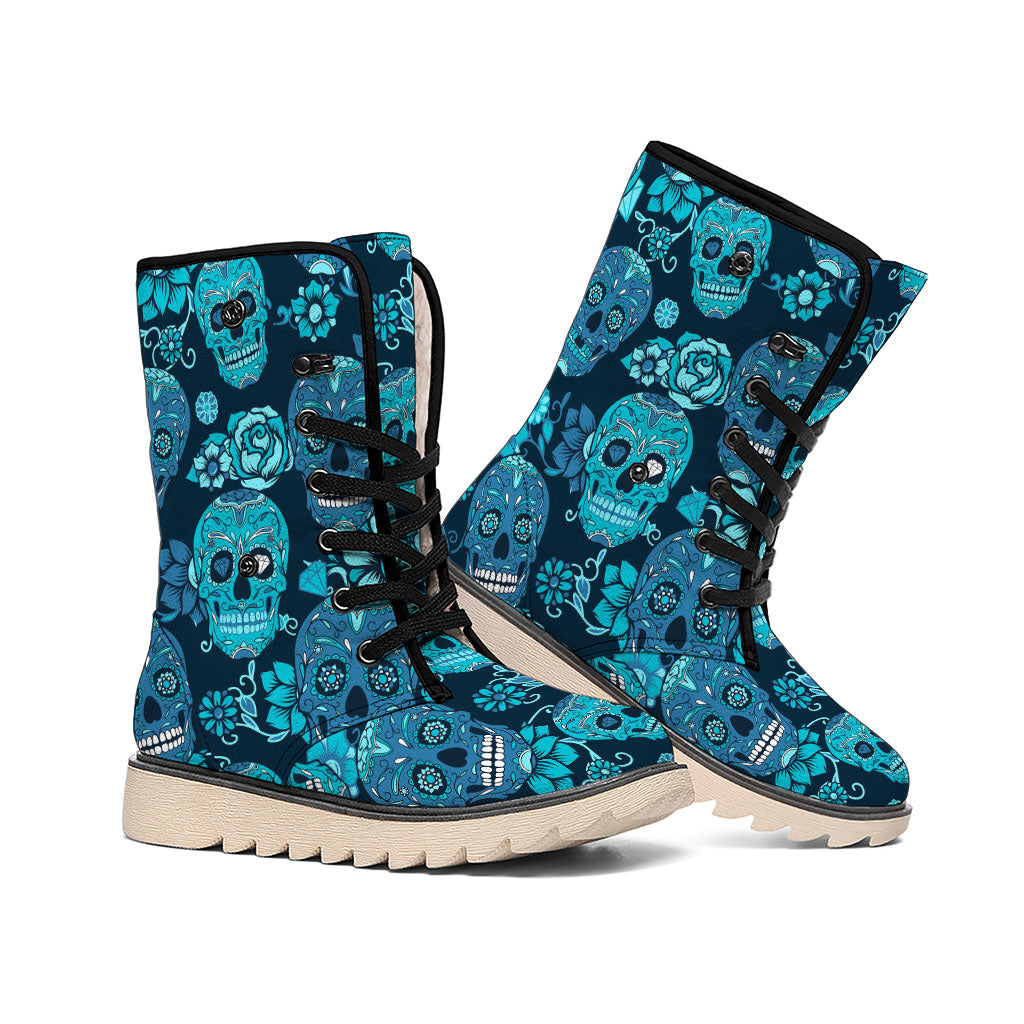 Teal Sugar Skull Flower Pattern Print Winter Boots