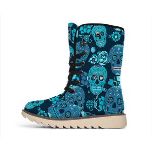 Teal Sugar Skull Flower Pattern Print Winter Boots