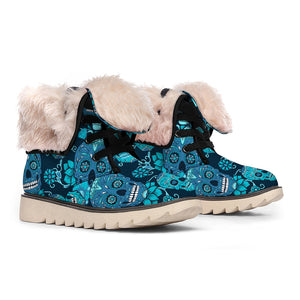 Teal Sugar Skull Flower Pattern Print Winter Boots