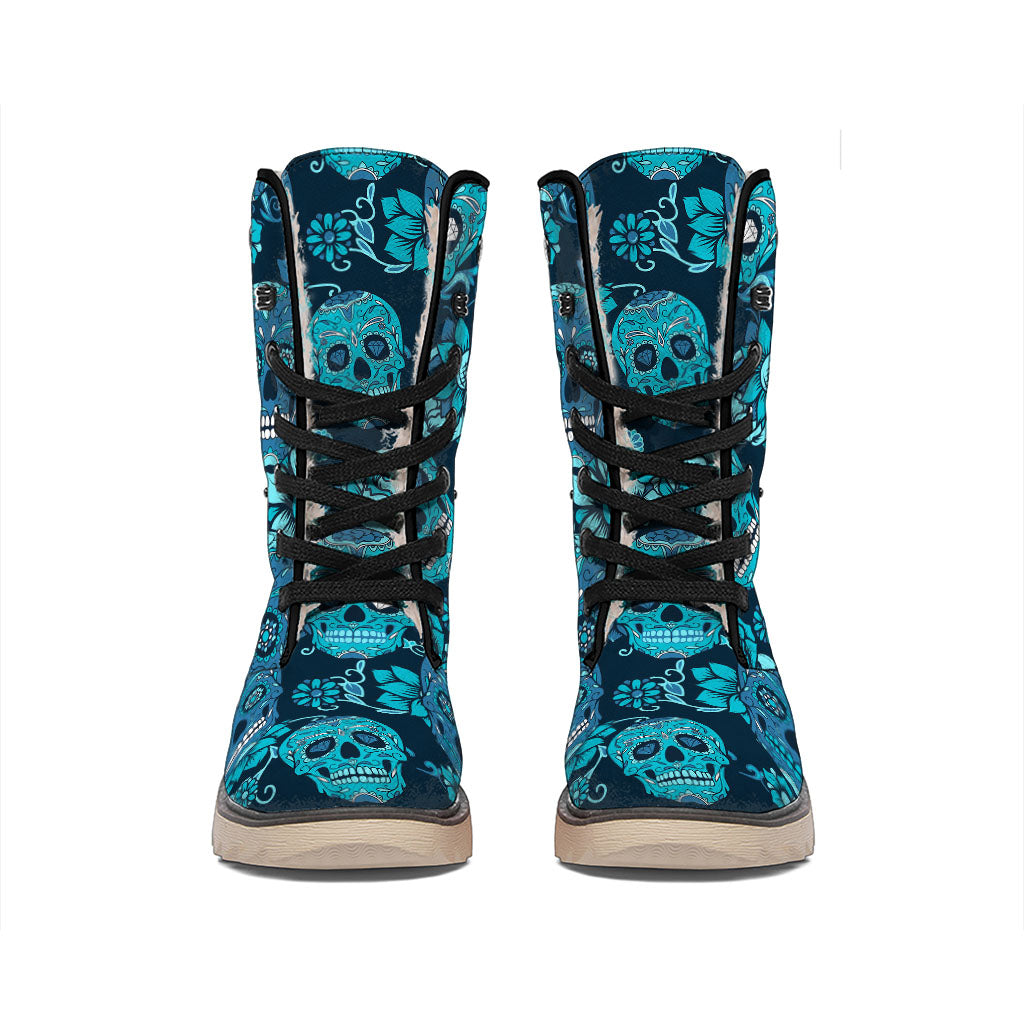 Teal Sugar Skull Flower Pattern Print Winter Boots