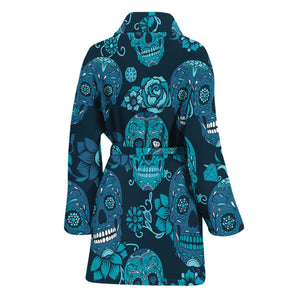 Teal Sugar Skull Flower Pattern Print Women's Bathrobe