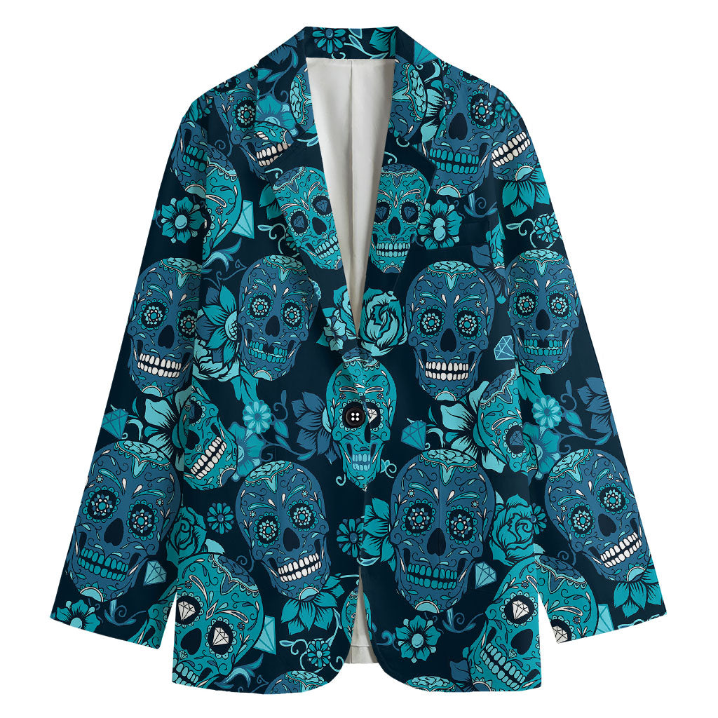 Teal Sugar Skull Flower Pattern Print Women's Blazer