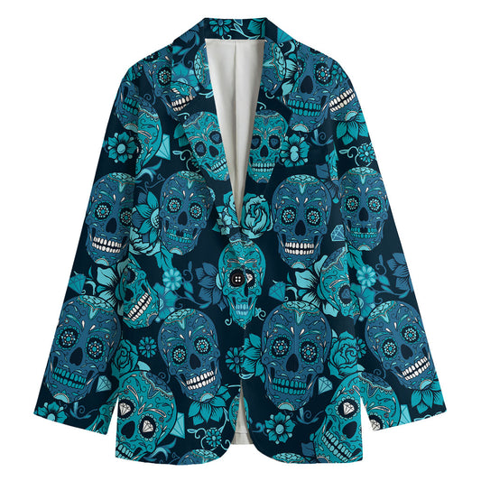 Teal Sugar Skull Flower Pattern Print Women's Blazer