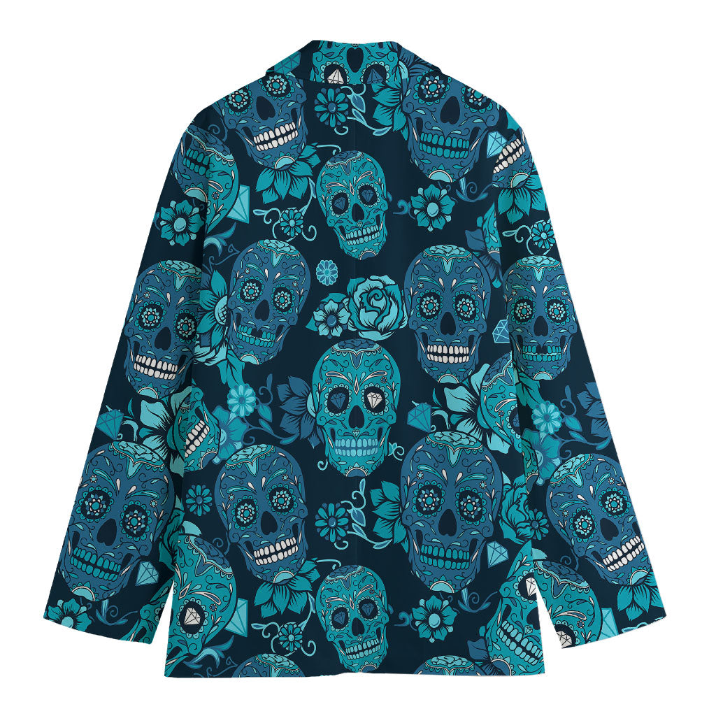 Teal Sugar Skull Flower Pattern Print Women's Blazer