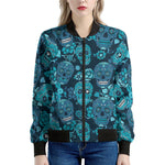 Teal Sugar Skull Flower Pattern Print Women's Bomber Jacket