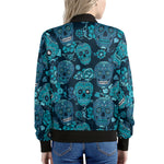 Teal Sugar Skull Flower Pattern Print Women's Bomber Jacket