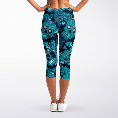 Teal Sugar Skull Flower Pattern Print Women's Capri Leggings