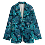 Teal Sugar Skull Flower Pattern Print Women's Cotton Blazer