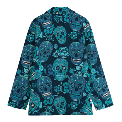 Teal Sugar Skull Flower Pattern Print Women's Cotton Blazer