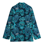 Teal Sugar Skull Flower Pattern Print Women's Cotton Blazer
