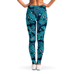 Teal Sugar Skull Flower Pattern Print Women's Leggings