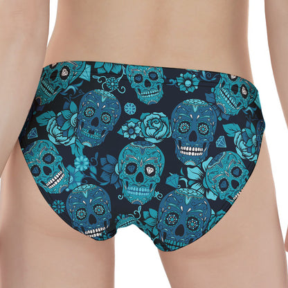 Teal Sugar Skull Flower Pattern Print Women's Panties