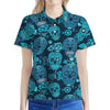 Teal Sugar Skull Flower Pattern Print Women's Polo Shirt