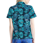 Teal Sugar Skull Flower Pattern Print Women's Polo Shirt