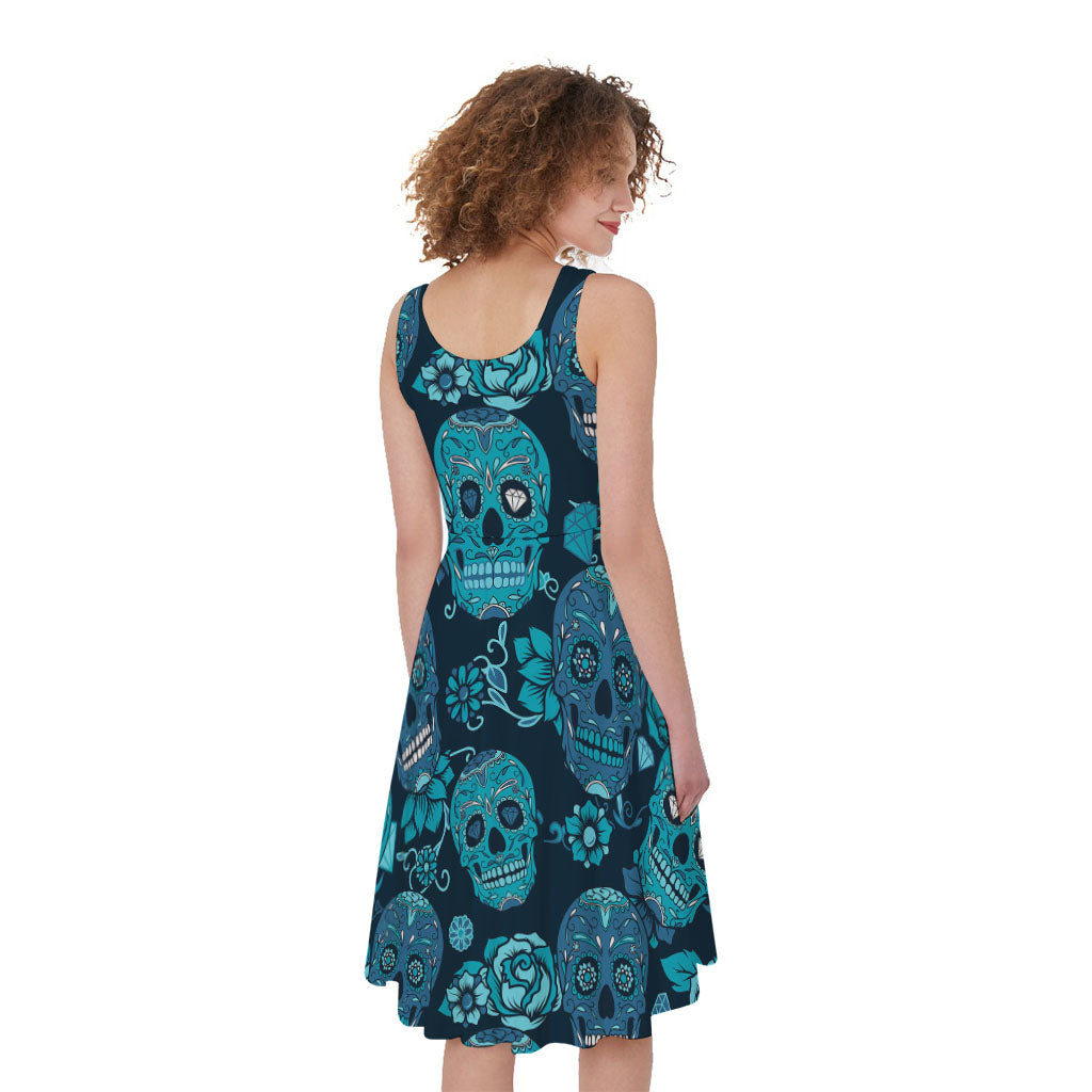 Teal Sugar Skull Flower Pattern Print Women's Sleeveless Dress