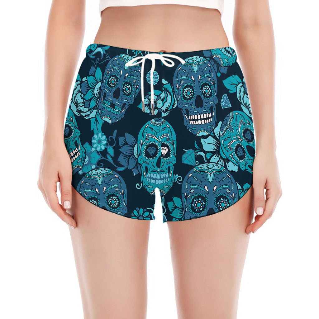 Teal Sugar Skull Flower Pattern Print Women's Split Running Shorts