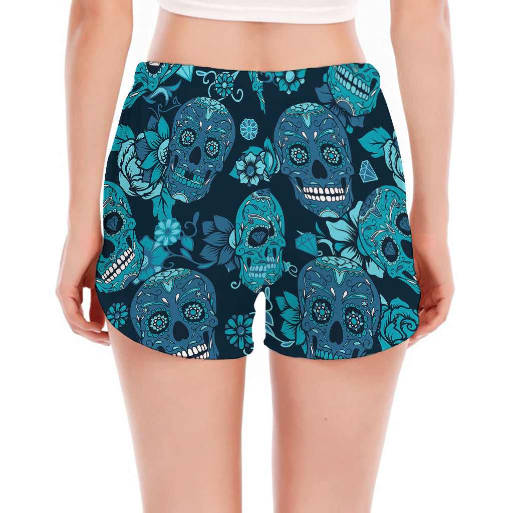 Teal Sugar Skull Flower Pattern Print Women's Split Running Shorts