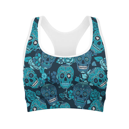 Teal Sugar Skull Flower Pattern Print Women's Sports Bra