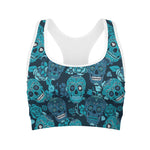 Teal Sugar Skull Flower Pattern Print Women's Sports Bra