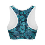 Teal Sugar Skull Flower Pattern Print Women's Sports Bra