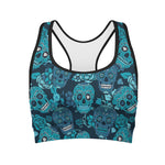 Teal Sugar Skull Flower Pattern Print Women's Sports Bra