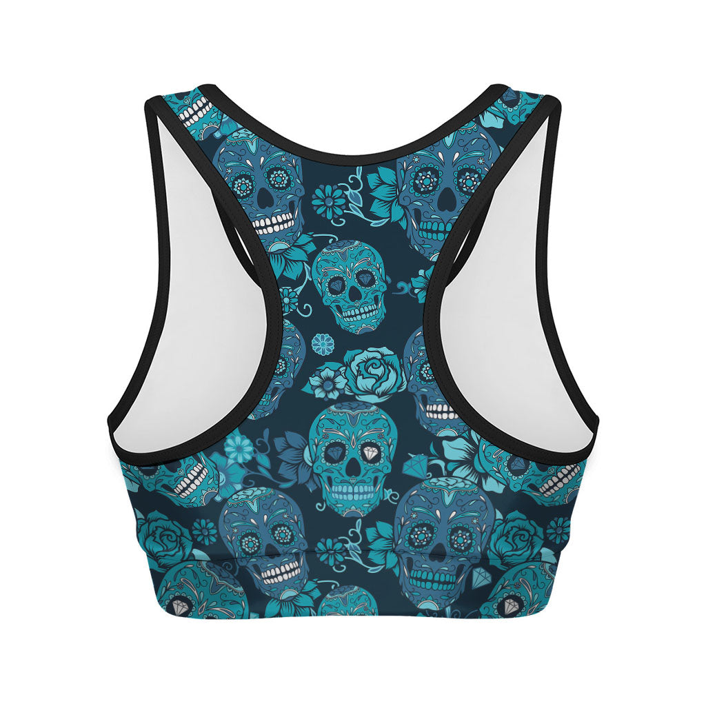 Teal Sugar Skull Flower Pattern Print Women's Sports Bra