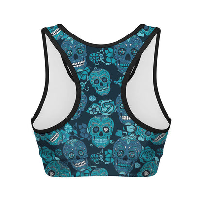 Teal Sugar Skull Flower Pattern Print Women's Sports Bra
