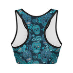 Teal Sugar Skull Flower Pattern Print Women's Sports Bra