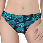 Teal Sugar Skull Flower Pattern Print Women's Thong