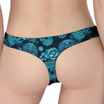Teal Sugar Skull Flower Pattern Print Women's Thong