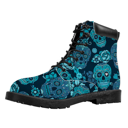 Teal Sugar Skull Flower Pattern Print Work Boots