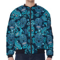 Teal Sugar Skull Flower Pattern Print Zip Sleeve Bomber Jacket