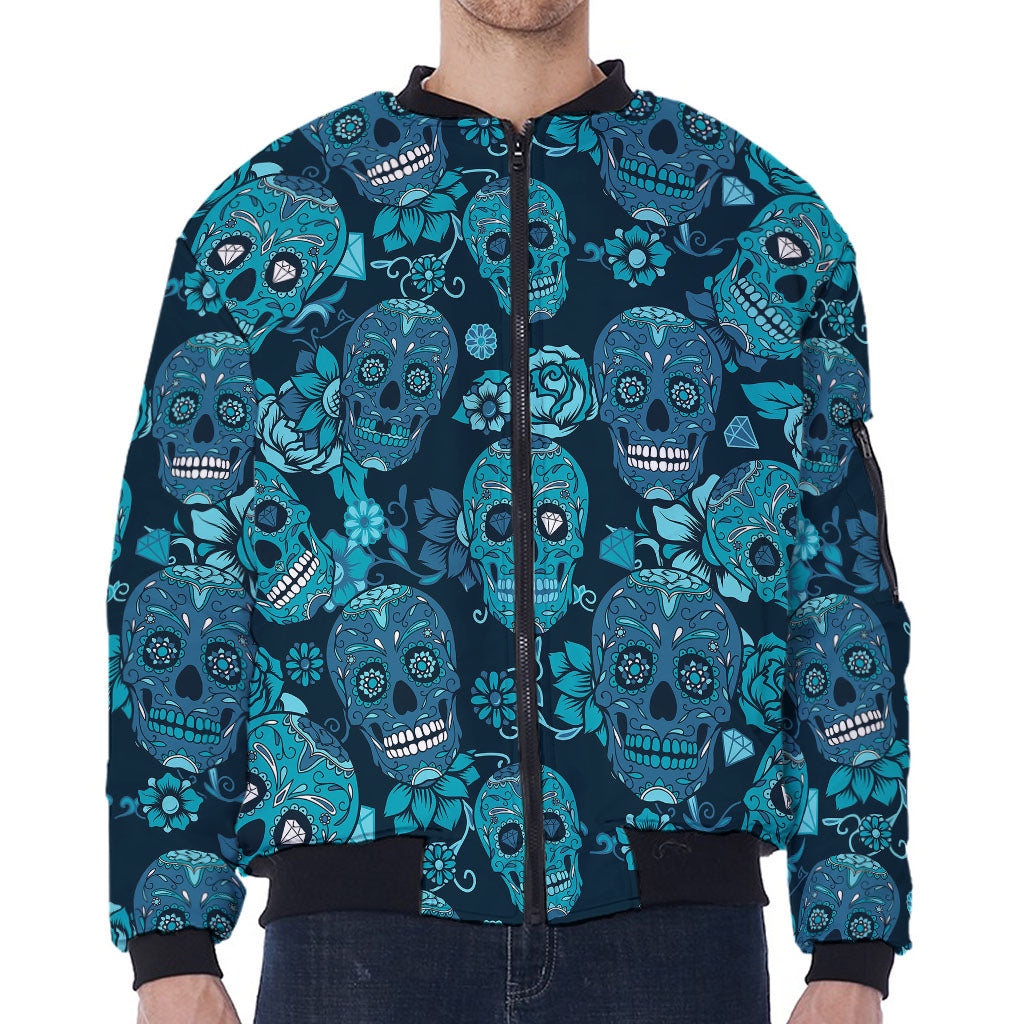 Teal Sugar Skull Flower Pattern Print Zip Sleeve Bomber Jacket