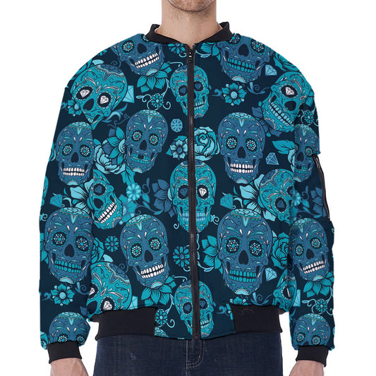 Teal Sugar Skull Flower Pattern Print Zip Sleeve Bomber Jacket