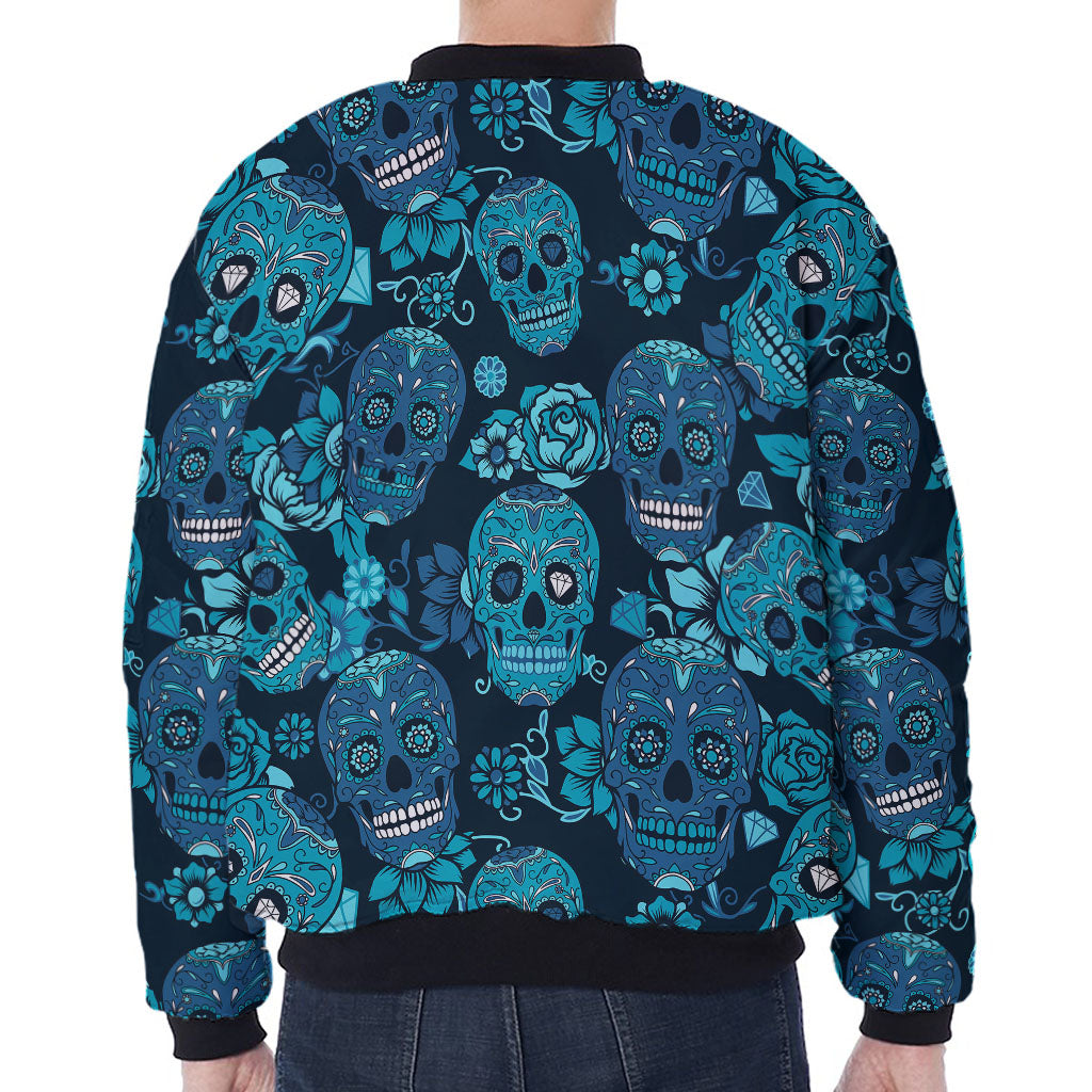 Teal Sugar Skull Flower Pattern Print Zip Sleeve Bomber Jacket