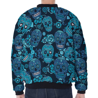 Teal Sugar Skull Flower Pattern Print Zip Sleeve Bomber Jacket