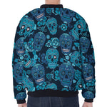Teal Sugar Skull Flower Pattern Print Zip Sleeve Bomber Jacket
