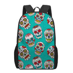 Teal Sugar Skull Pattern Print 17 Inch Backpack