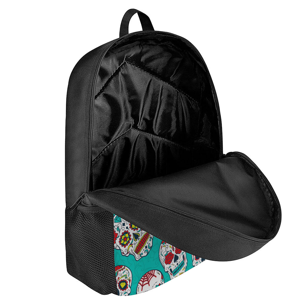 Teal Sugar Skull Pattern Print 17 Inch Backpack