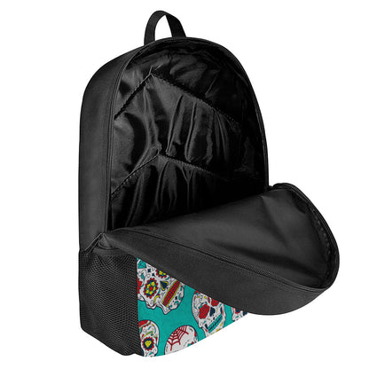 Teal Sugar Skull Pattern Print 17 Inch Backpack