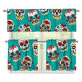 Teal Sugar Skull Pattern Print 3 Piece Kitchen Curtains