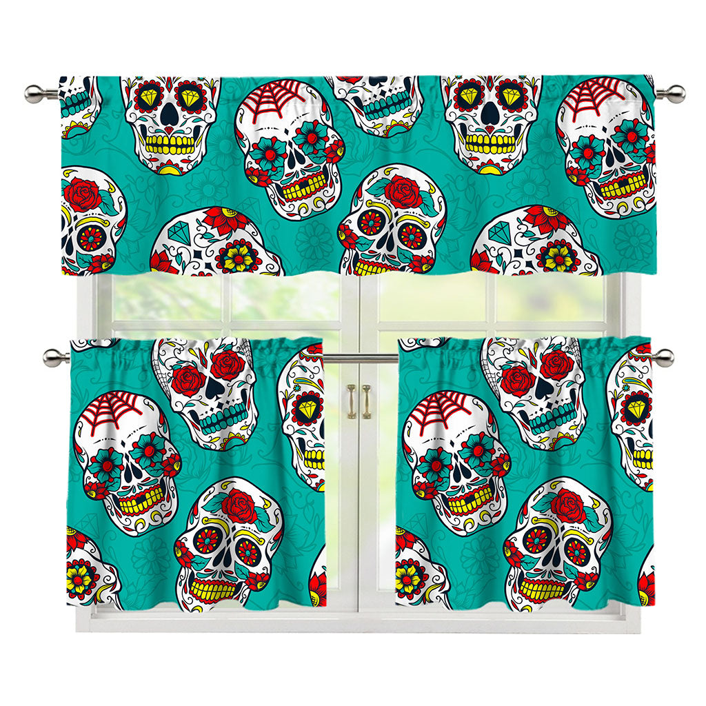 Teal Sugar Skull Pattern Print 3 Piece Kitchen Curtains