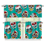 Teal Sugar Skull Pattern Print 3 Piece Kitchen Curtains