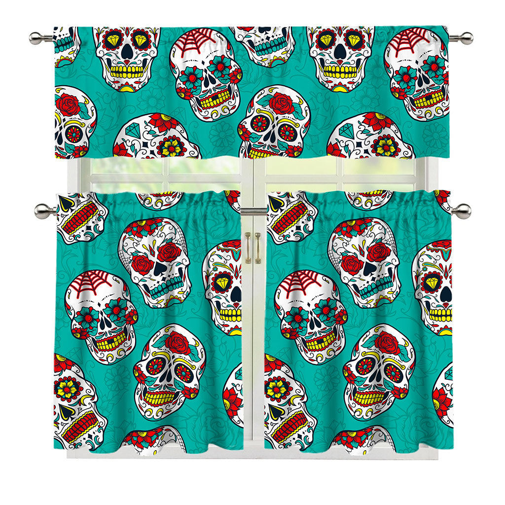Teal Sugar Skull Pattern Print 3 Piece Kitchen Curtains