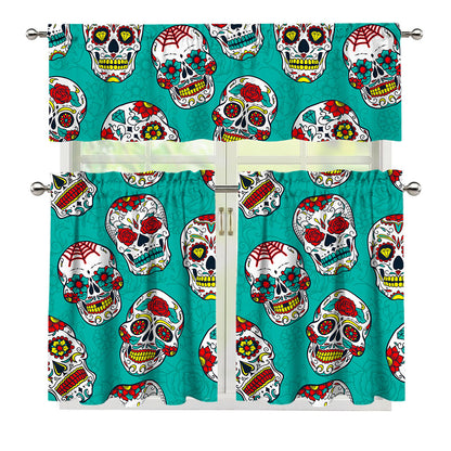 Teal Sugar Skull Pattern Print 3 Piece Kitchen Curtains