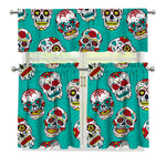 Teal Sugar Skull Pattern Print 3 Piece Kitchen Curtains