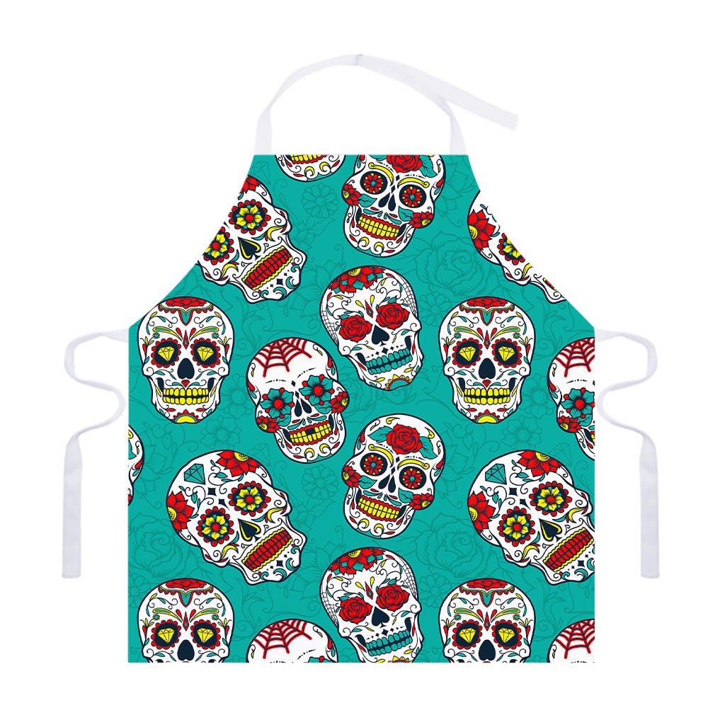 Teal Sugar Skull Pattern Print Adjustable Apron